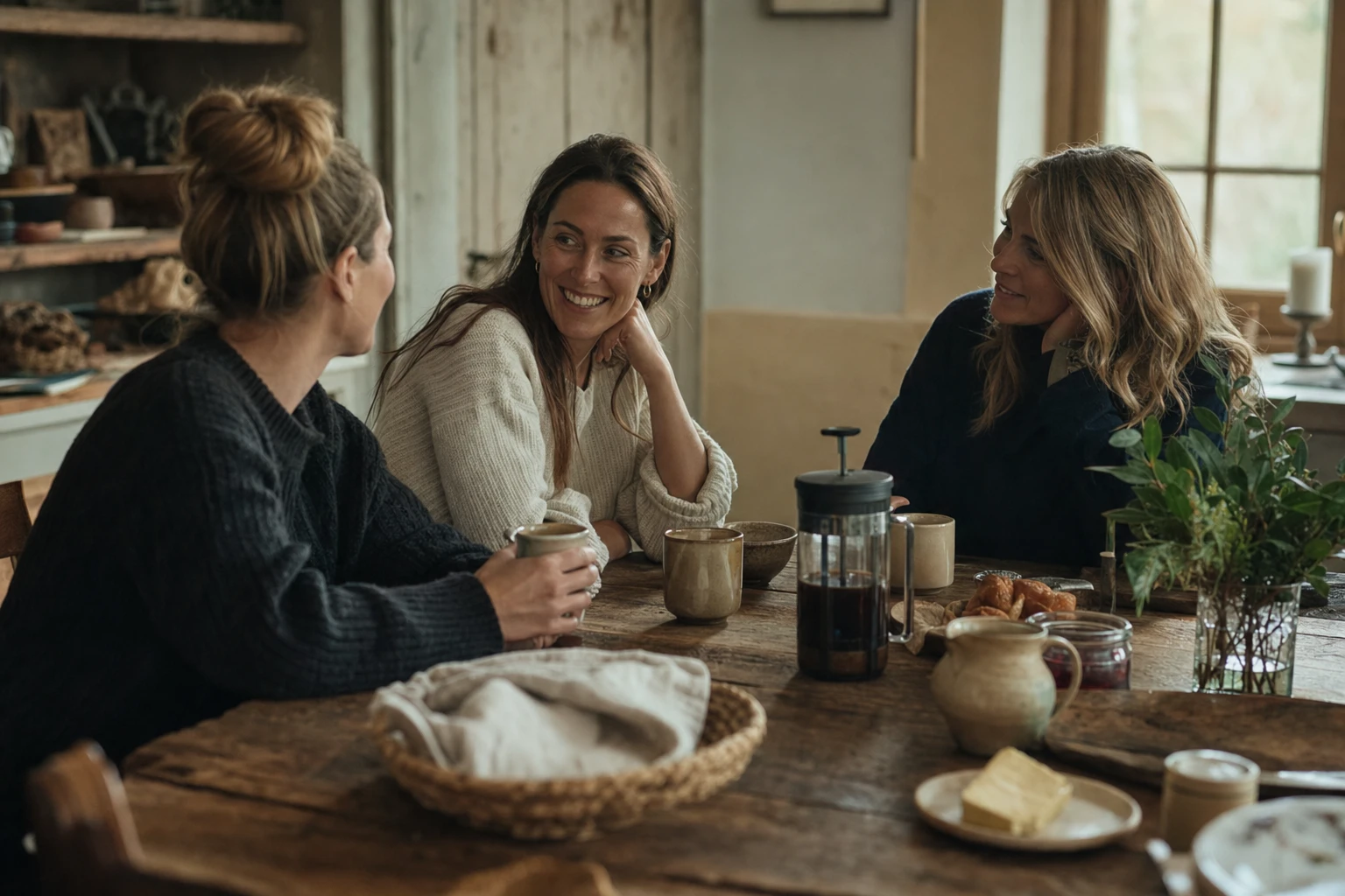Coffee cups around a table, deep conversation, natural warmth