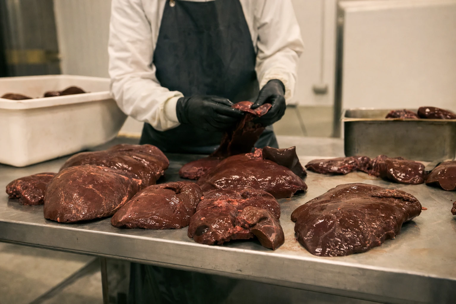 Fresh organs on a stainless steel table in a processing facility