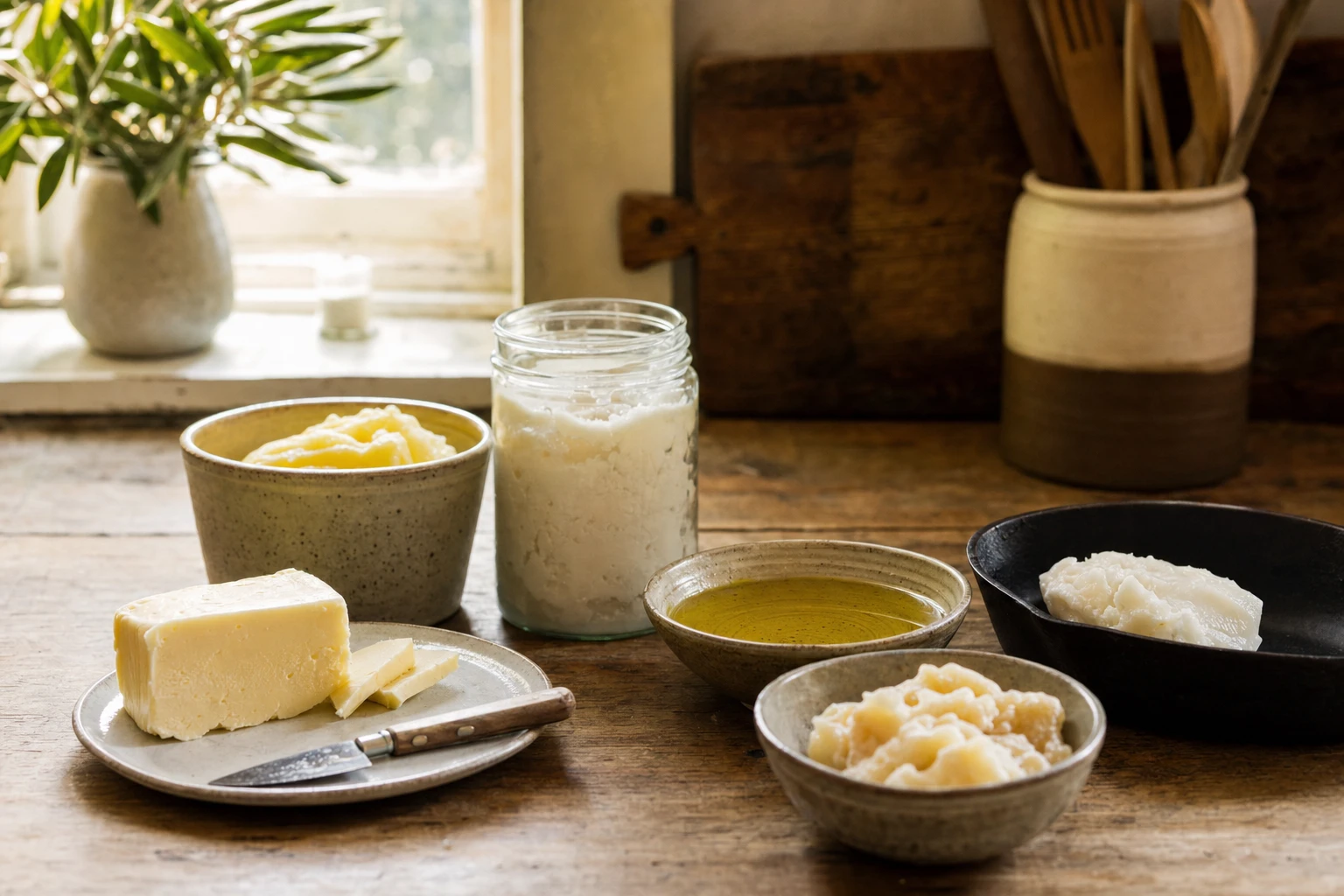 Array of traditional cooking fats and whole food sources