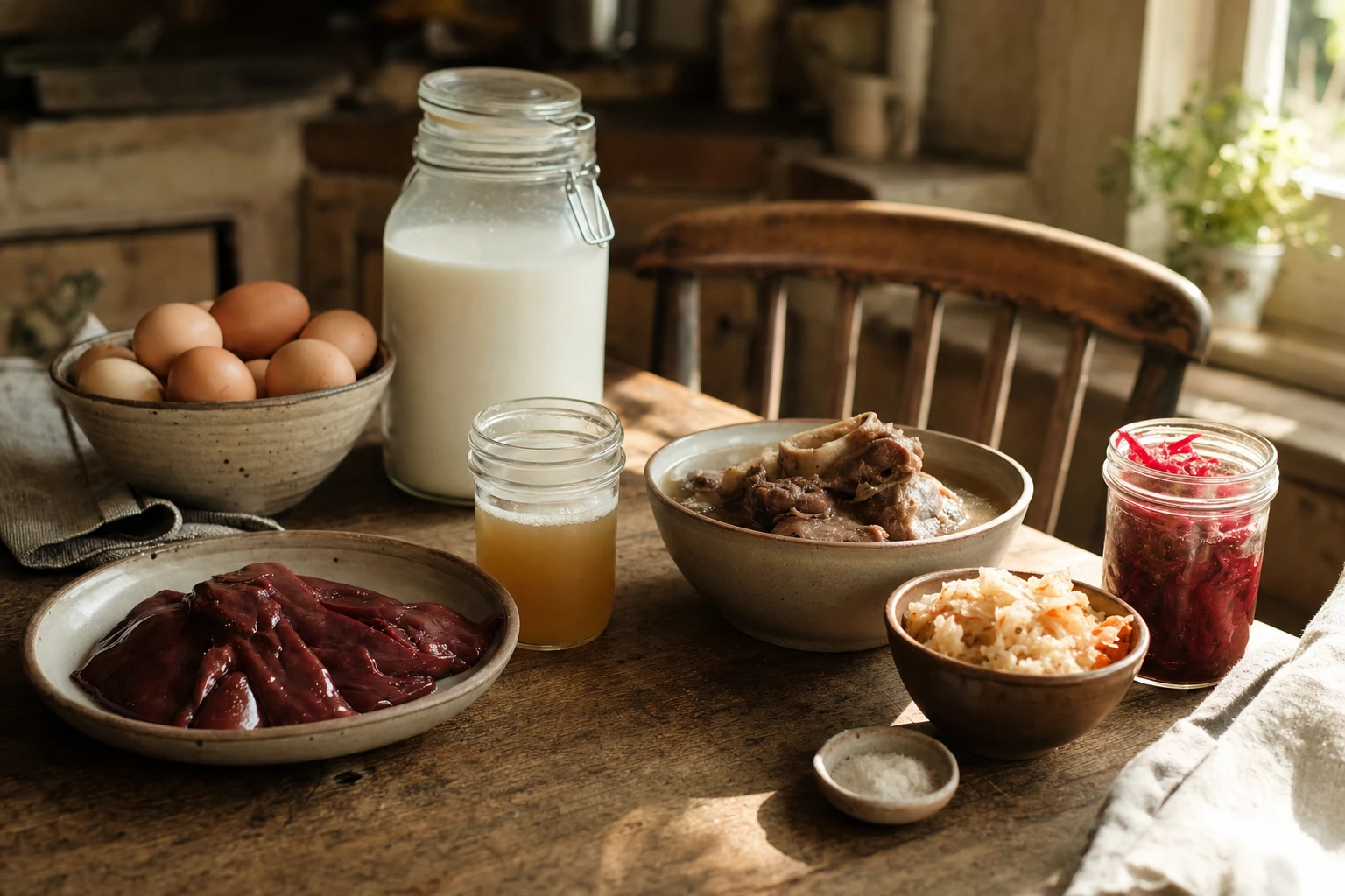 Eggs, raw milk, bone broth, organ meat, and fermented vegetables
