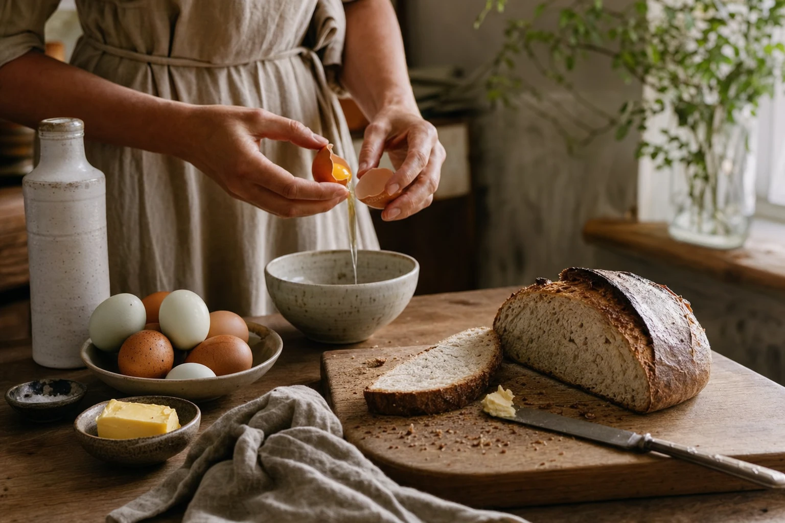 Plate with eggs, butter, sourdough, and raw milk