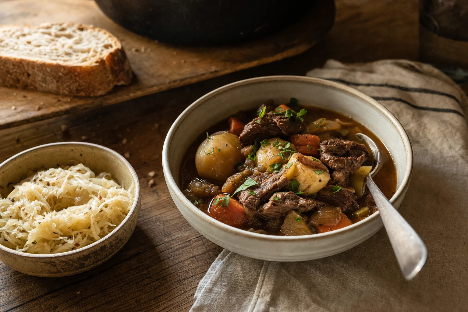 Bowl of beef stew with vegetables and a side of sauerkraut