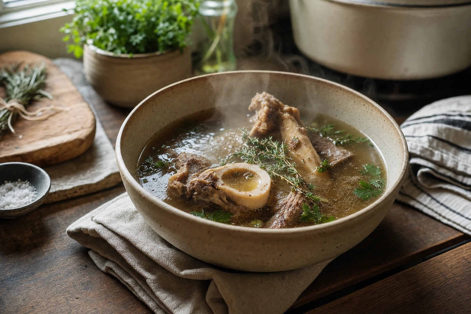 Bowl of bone broth with bones and herbs visible, steam rising
