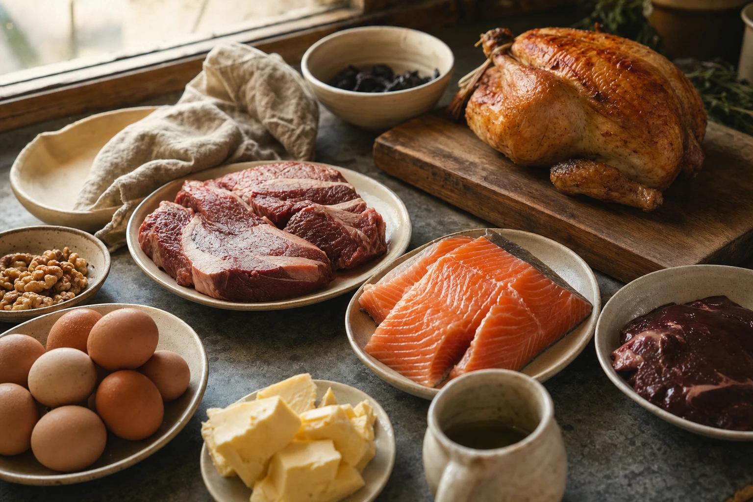 Multiple plates showing protein and fat sources