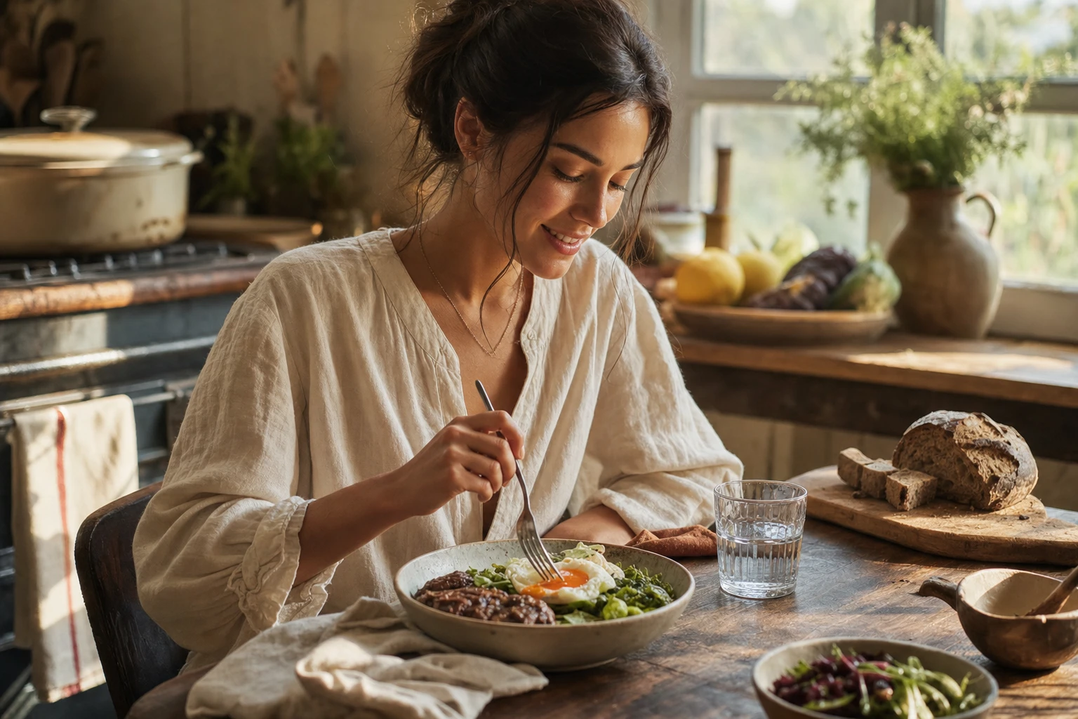 Woman with healthy glowing skin eating nutrient-dense food