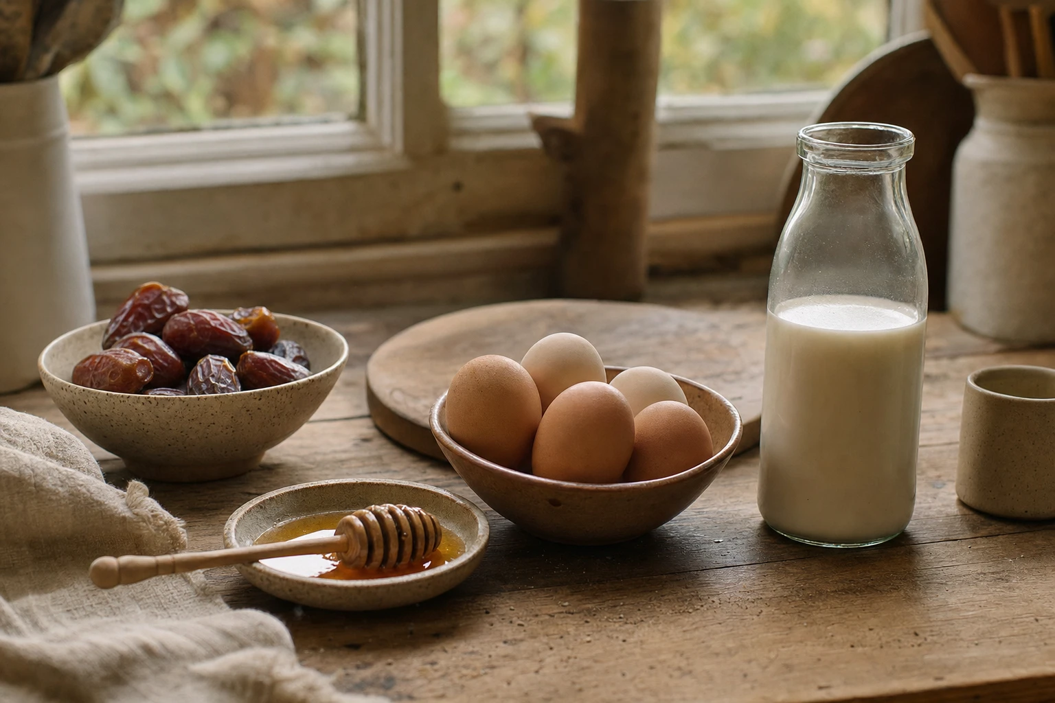 Dates, honey, eggs, and milk arranged for workout fuel