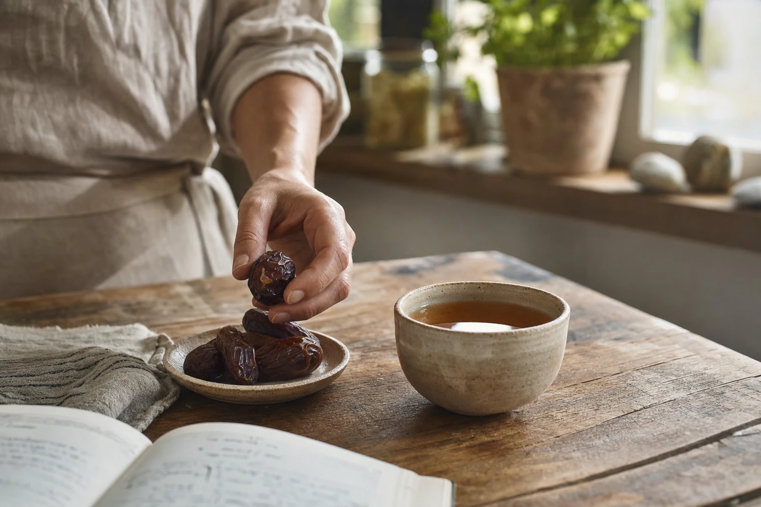 Simple pre-workout meal: dates and a cup of tea
