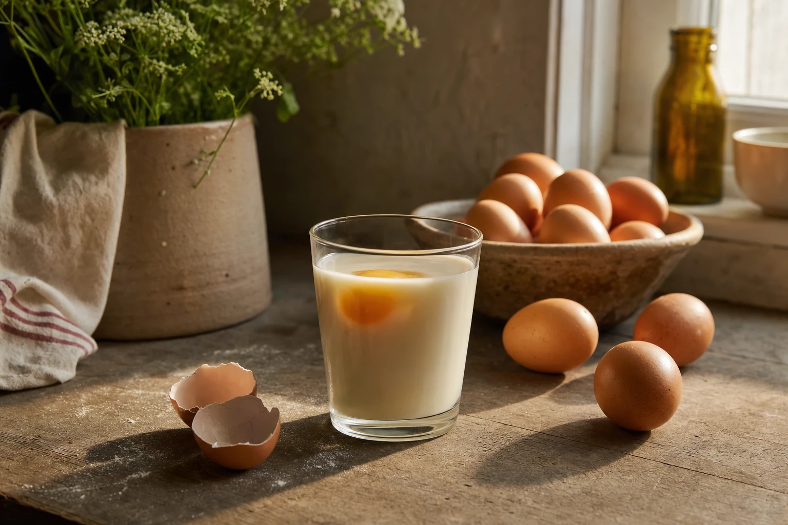 Raw milk and eggs in a glass