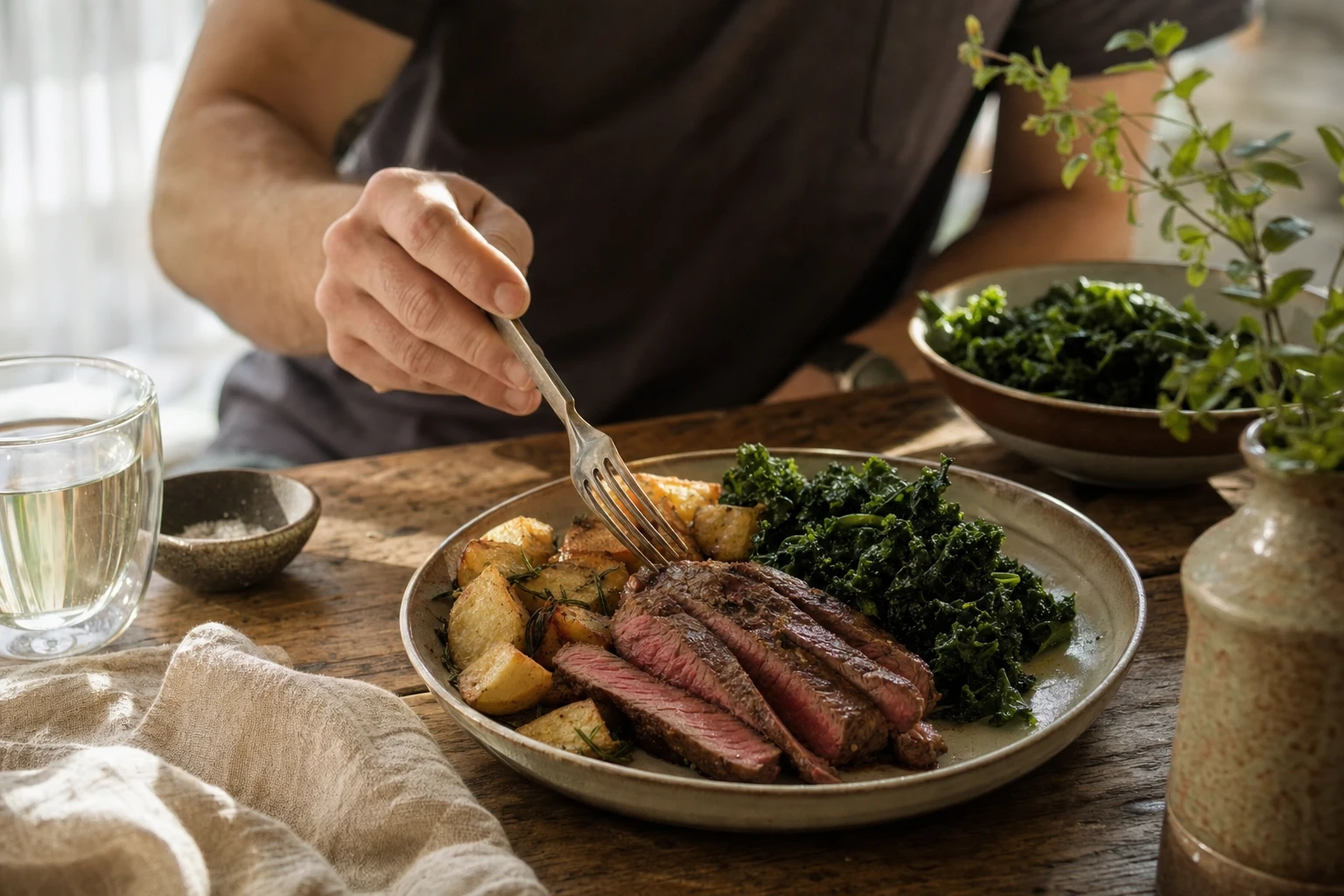 Complete post-workout meal with steak, potato, and greens