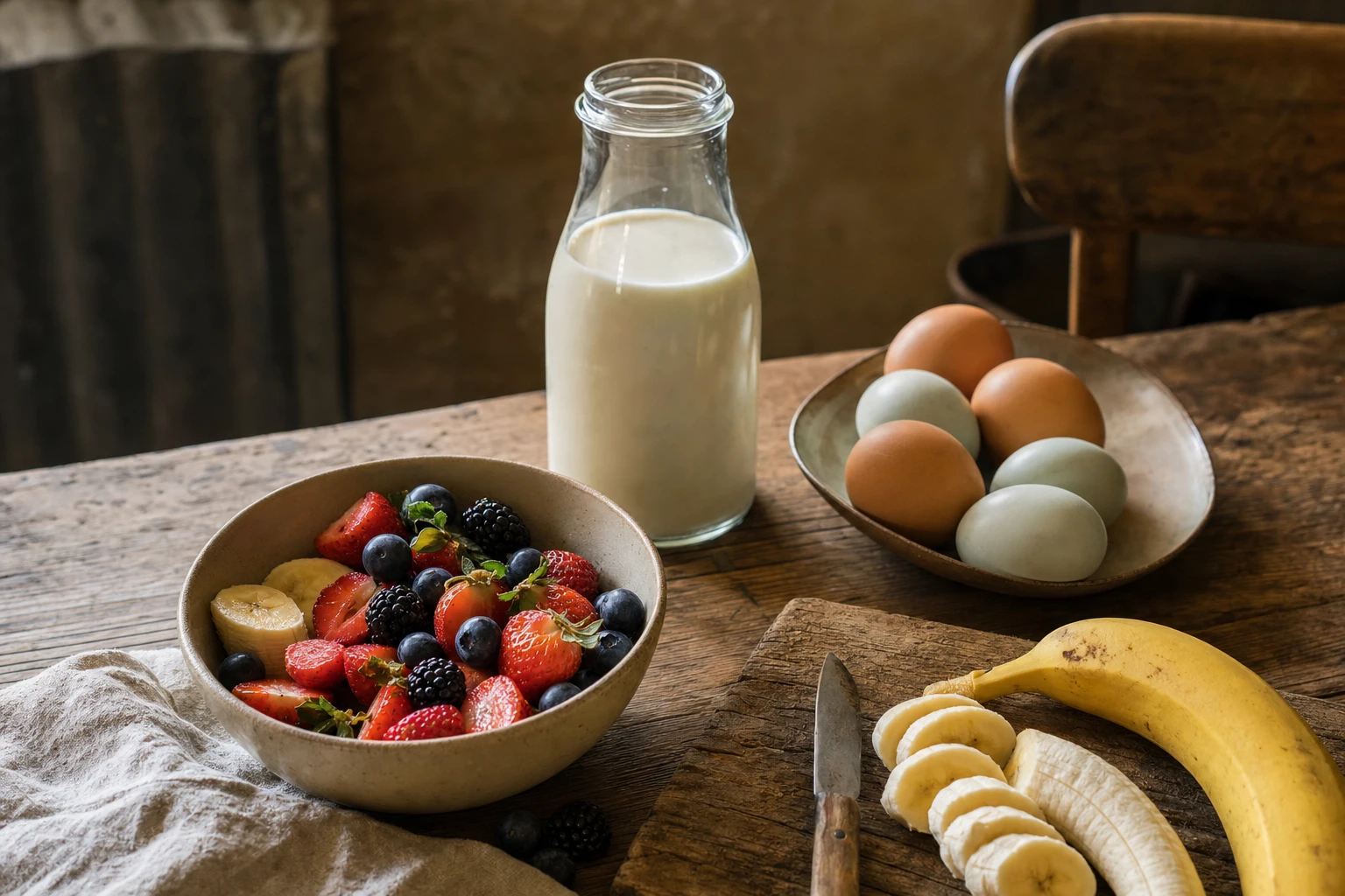 Selection of whole food workout fuels: fruit, milk, eggs