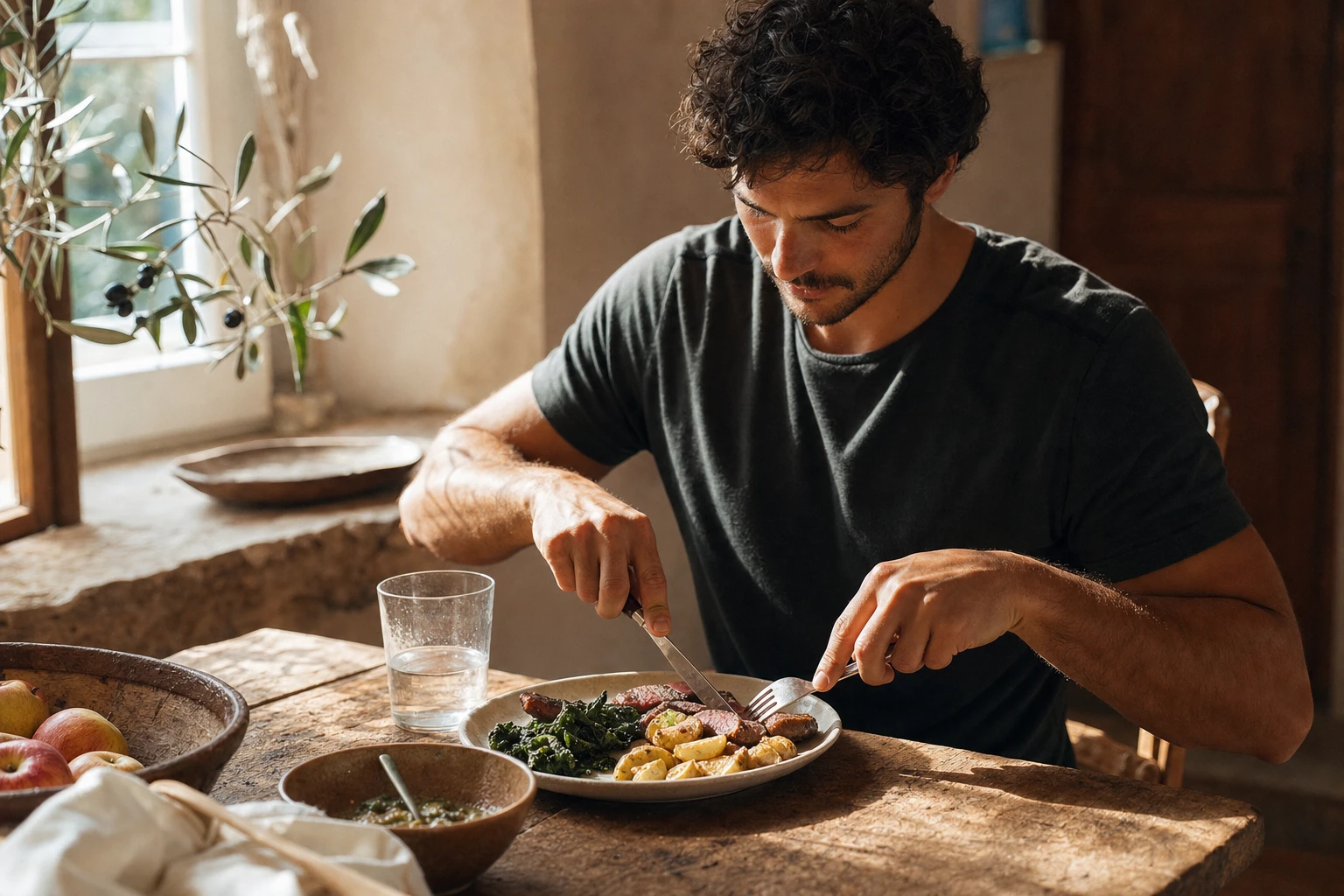 Athlete eating a simple post-workout meal