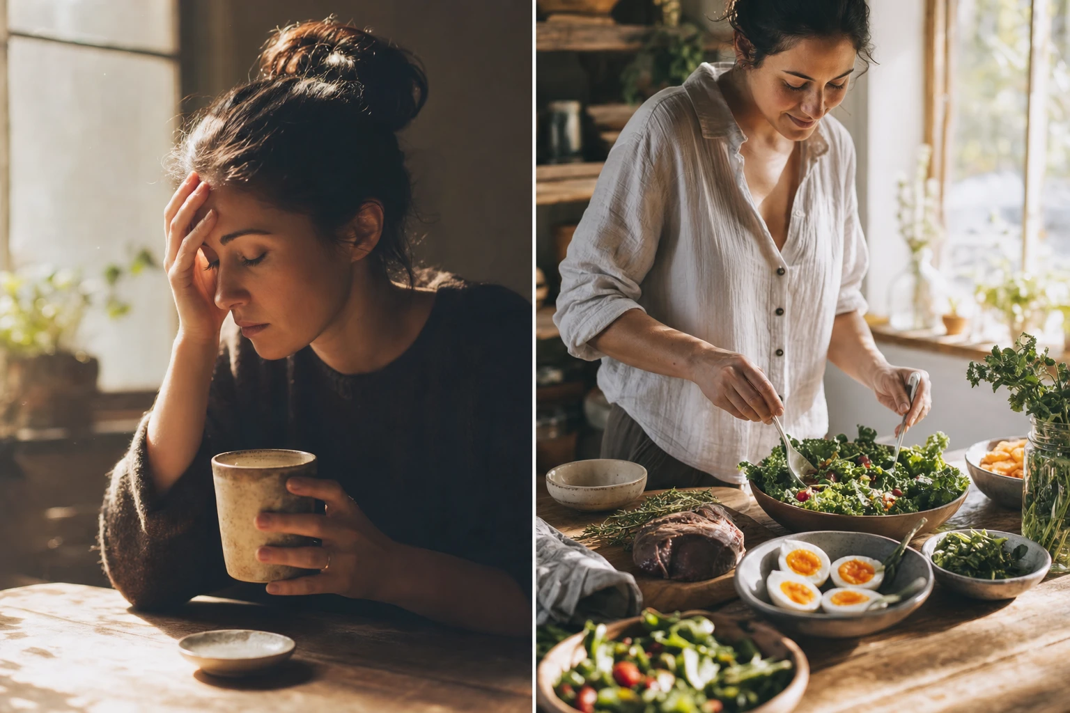 , left shows coffee cup with tired face, right shows healthy food sources with energised appearance