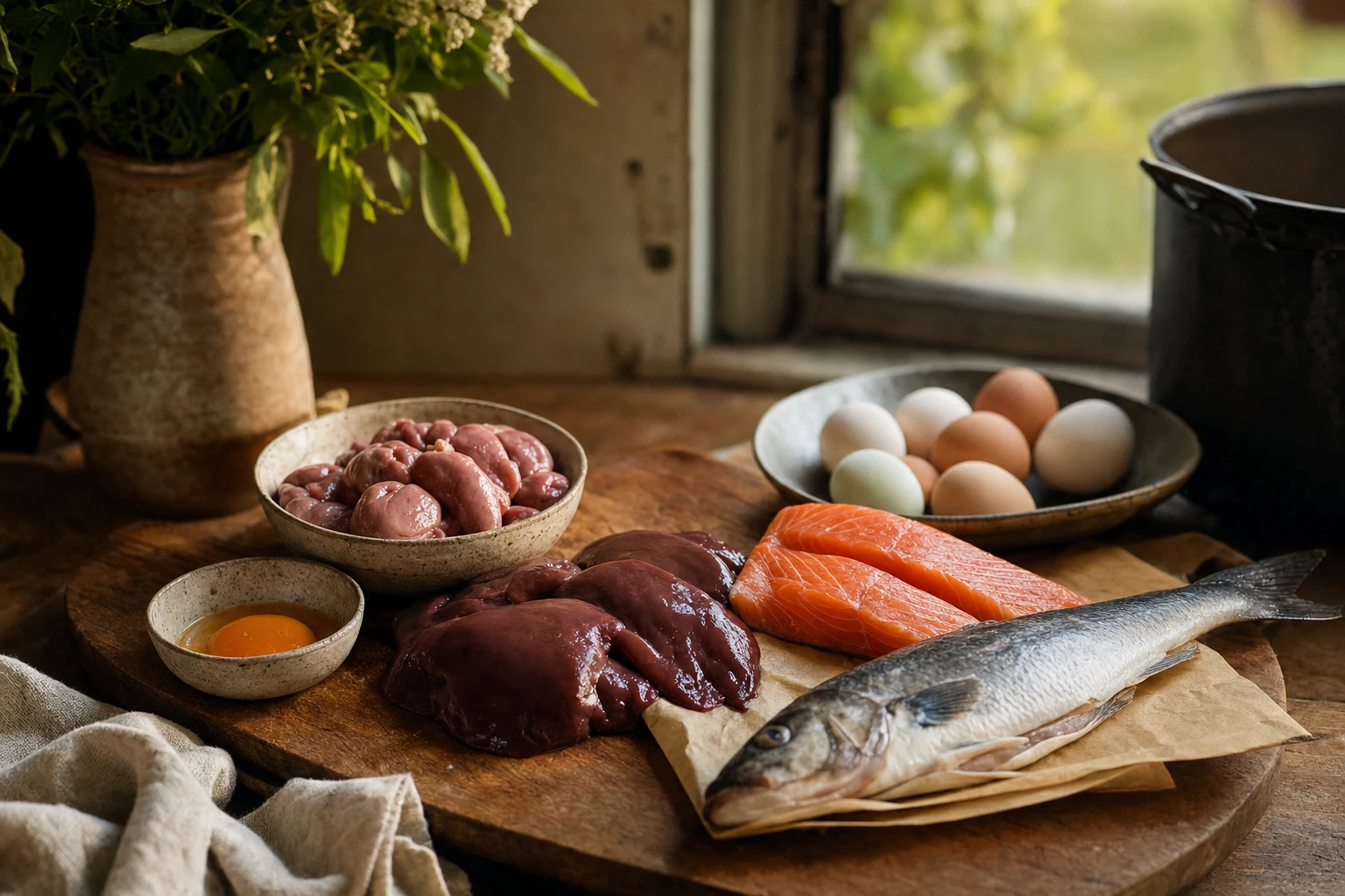Organ meats, eggs, fish arranged on a board