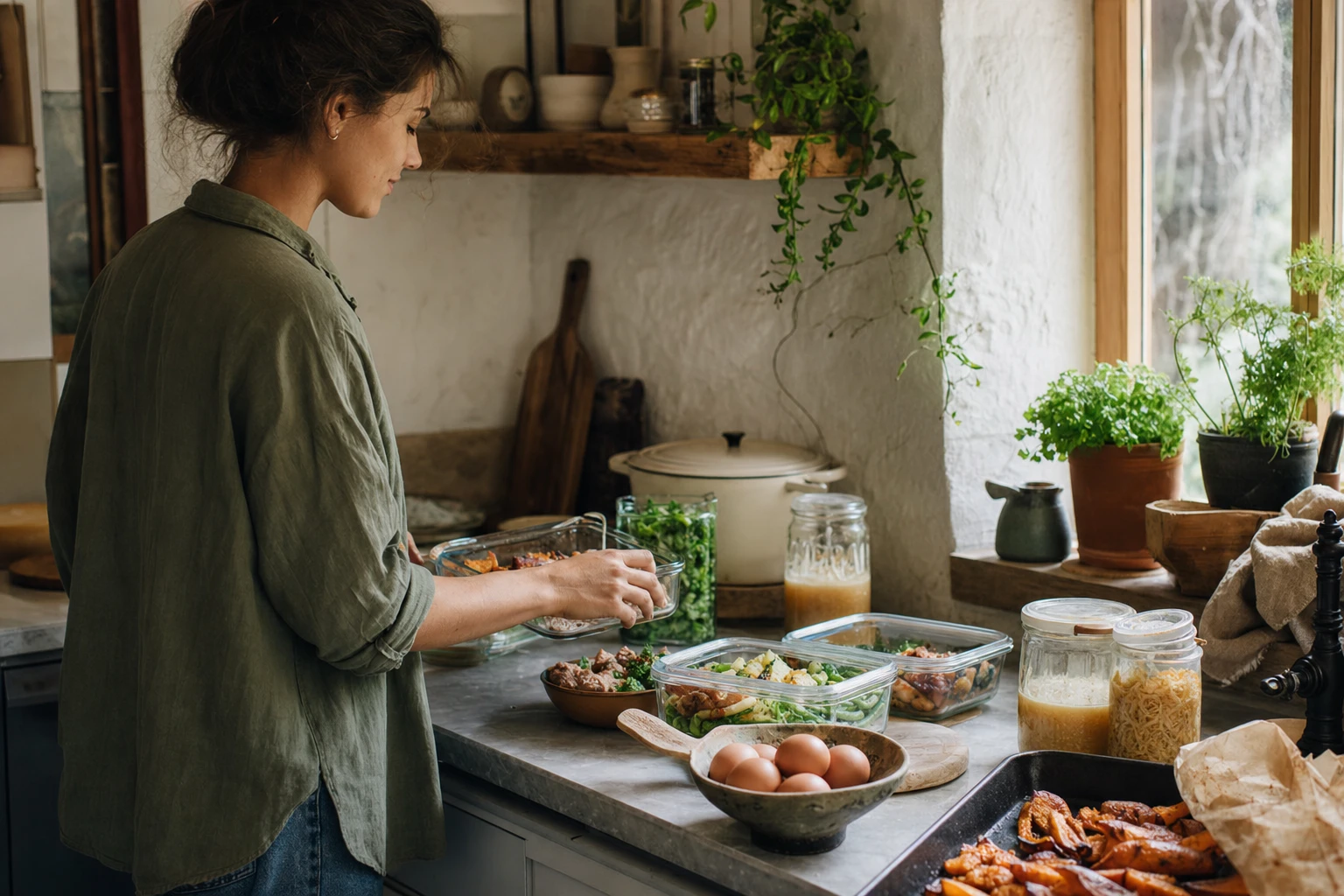Kitchen counter with ingredients and containers for meal prep