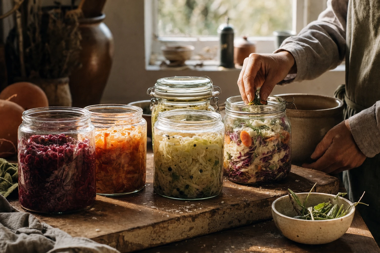 Glass jars of fermented vegetables in various stages