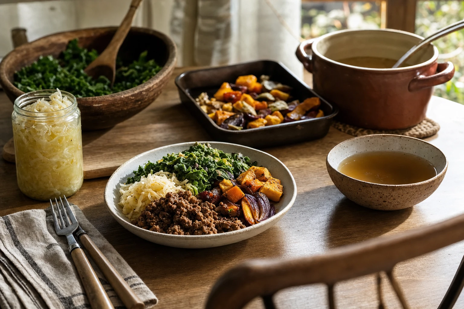 Finished meal with components combined: protein, vegetables, bone broth