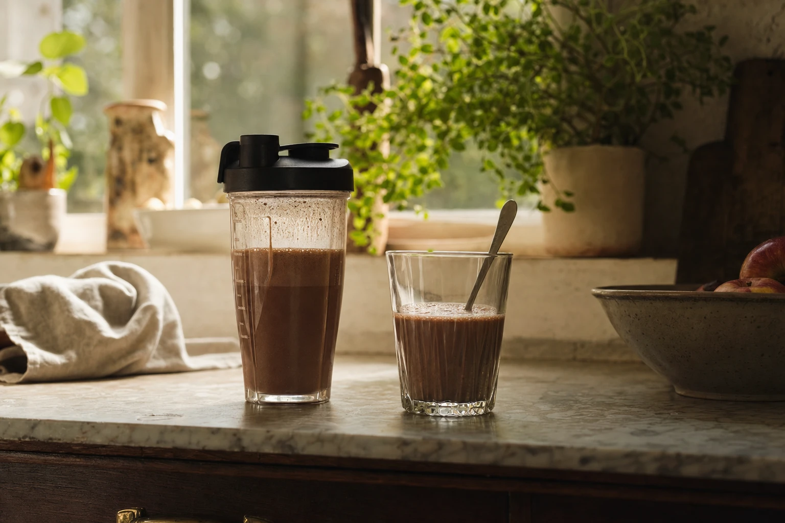 Comparison of shaker bottle and glass with spoon