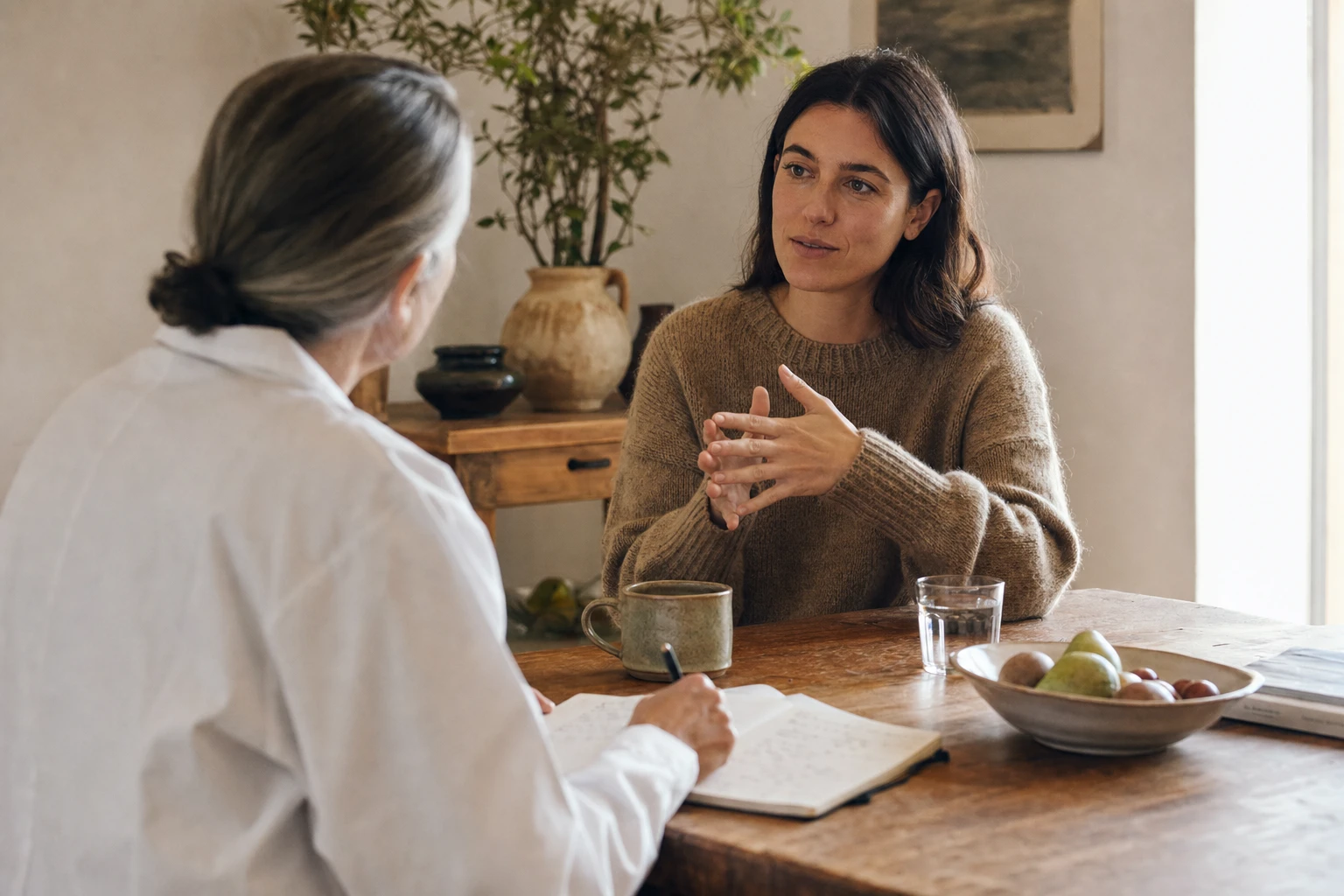 Person consulting with healthcare provider about symptoms