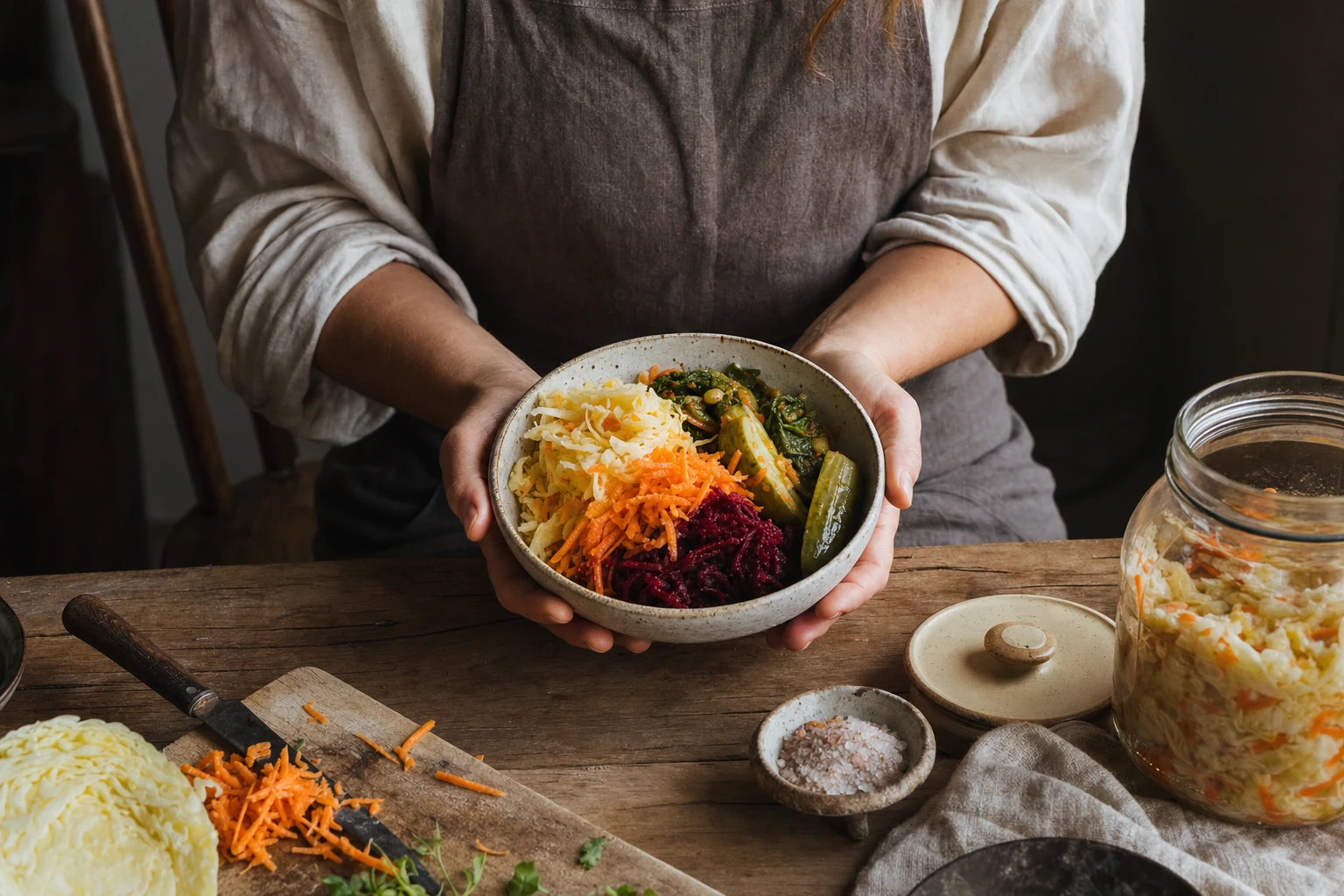 Hands holding a bowl of fermented vegetables
