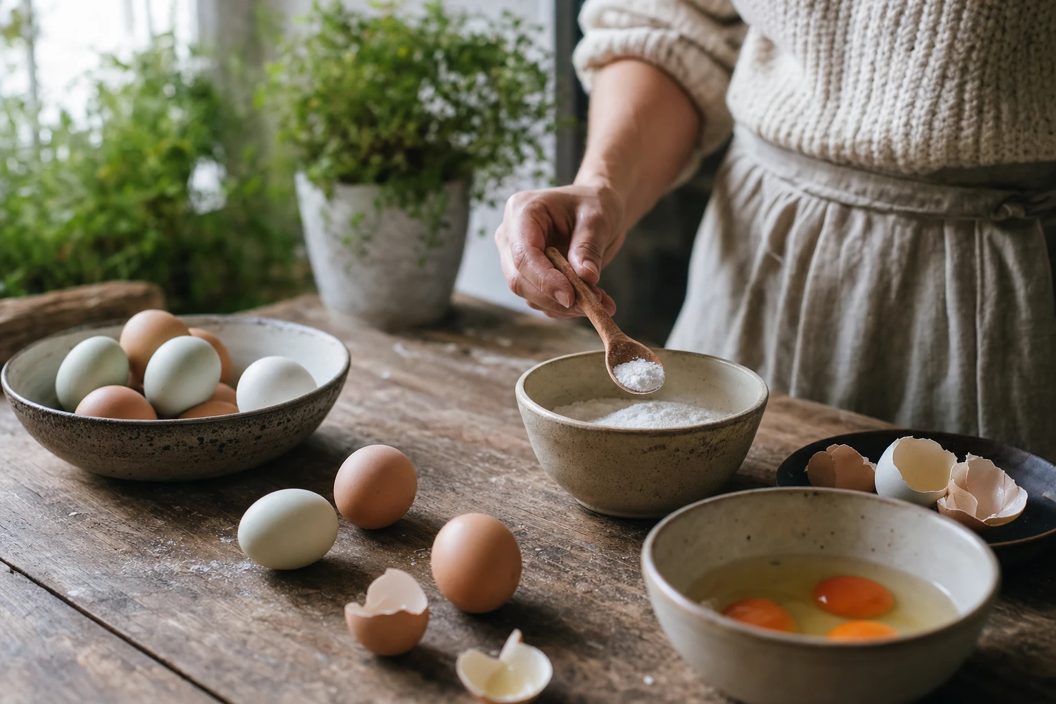 Glutamine powder and eggs on a table