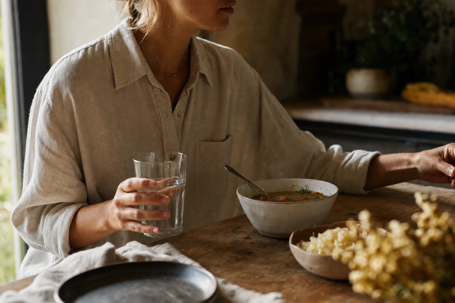 Probiotic supplement capsules and a glass of water