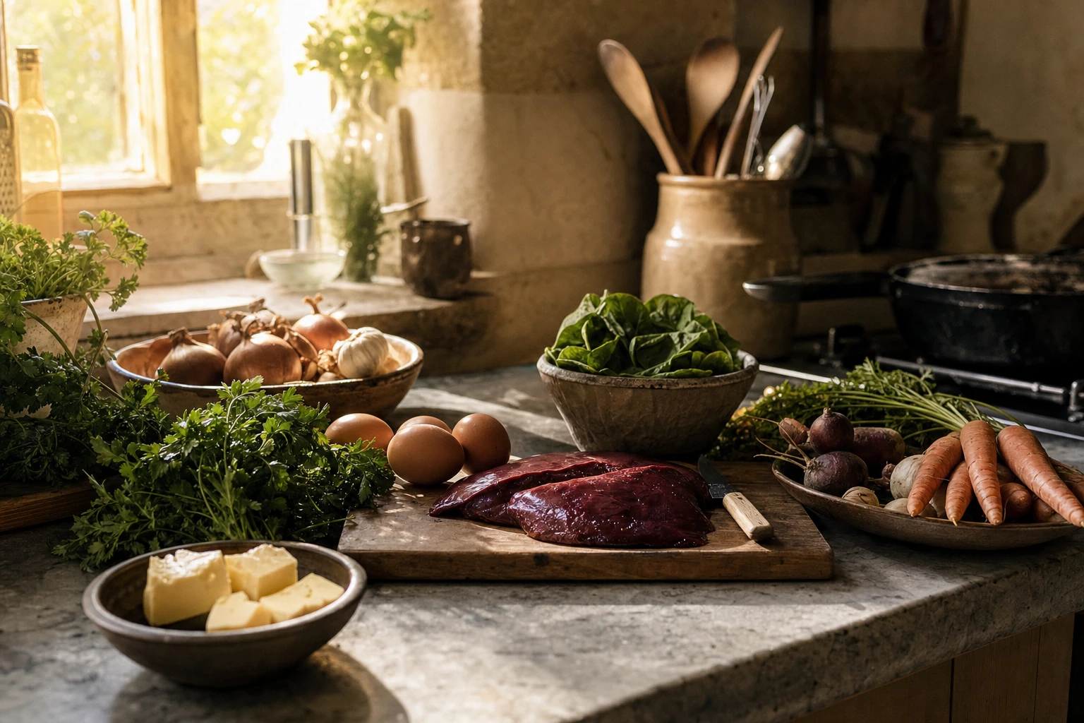 Kitchen counter with simple whole ingredients, morning light