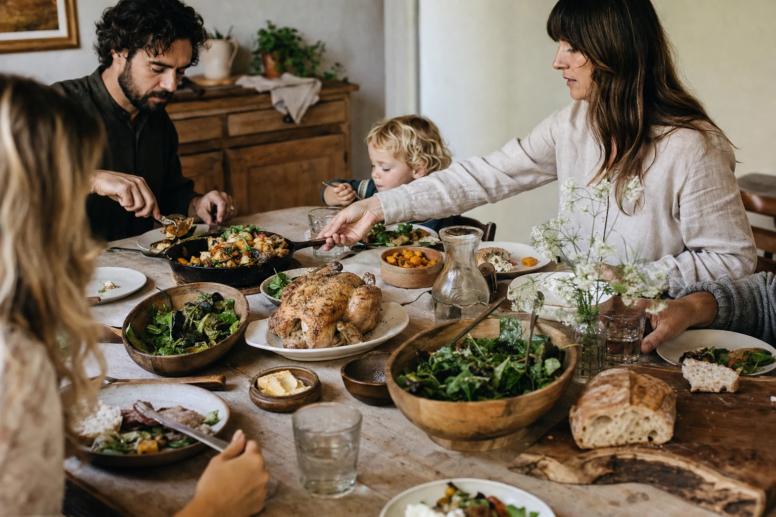 Various meals on a table, simple whole foods, family style