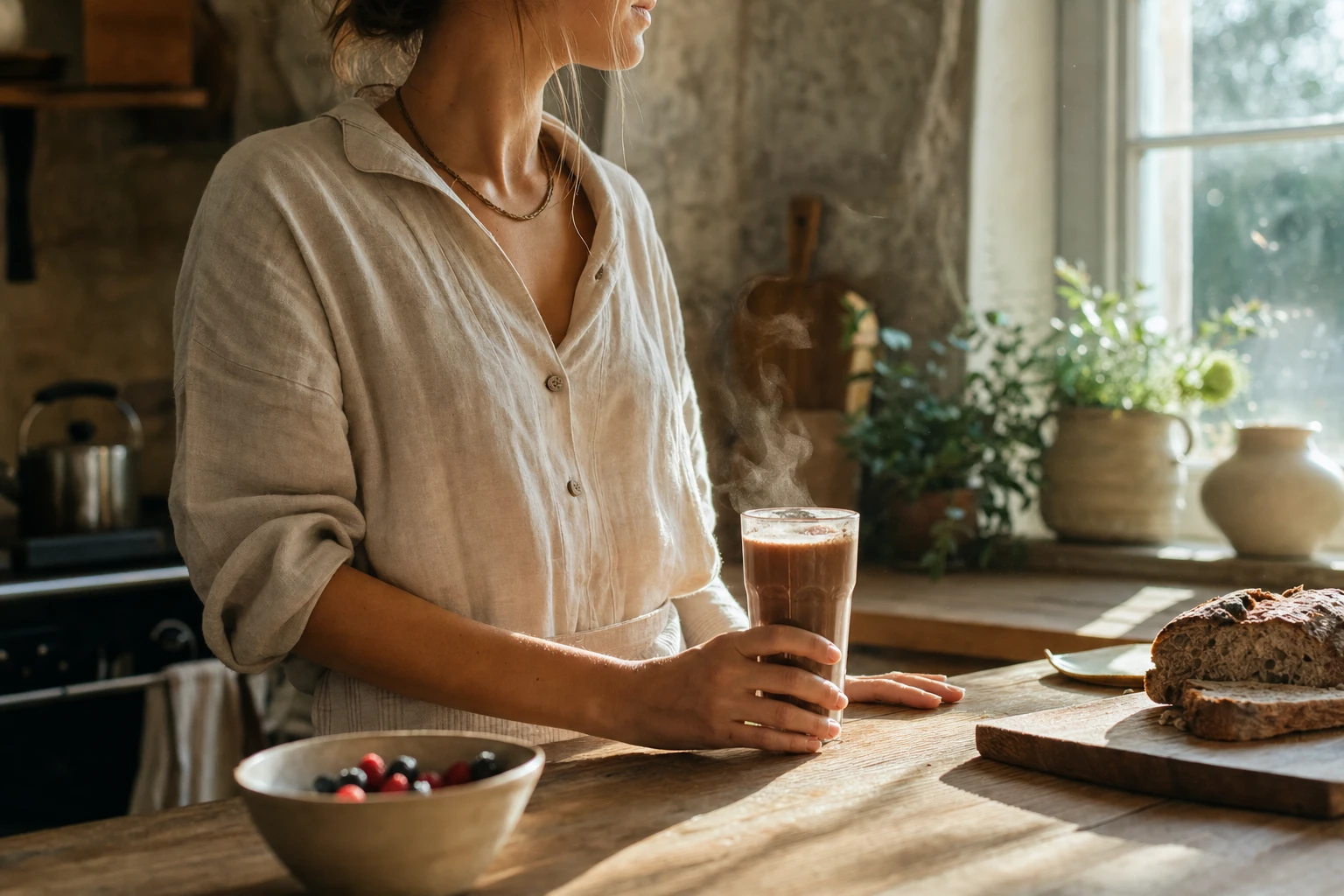 Morning sunlight on a glass of Organised shake, steam rising slightly