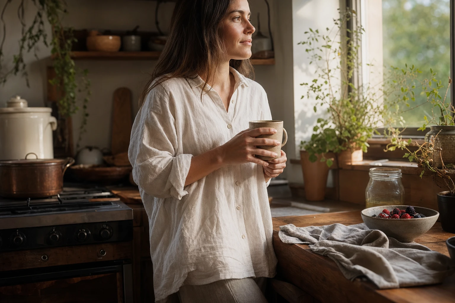 Person three weeks in, looking relaxed and well, morning sunlight