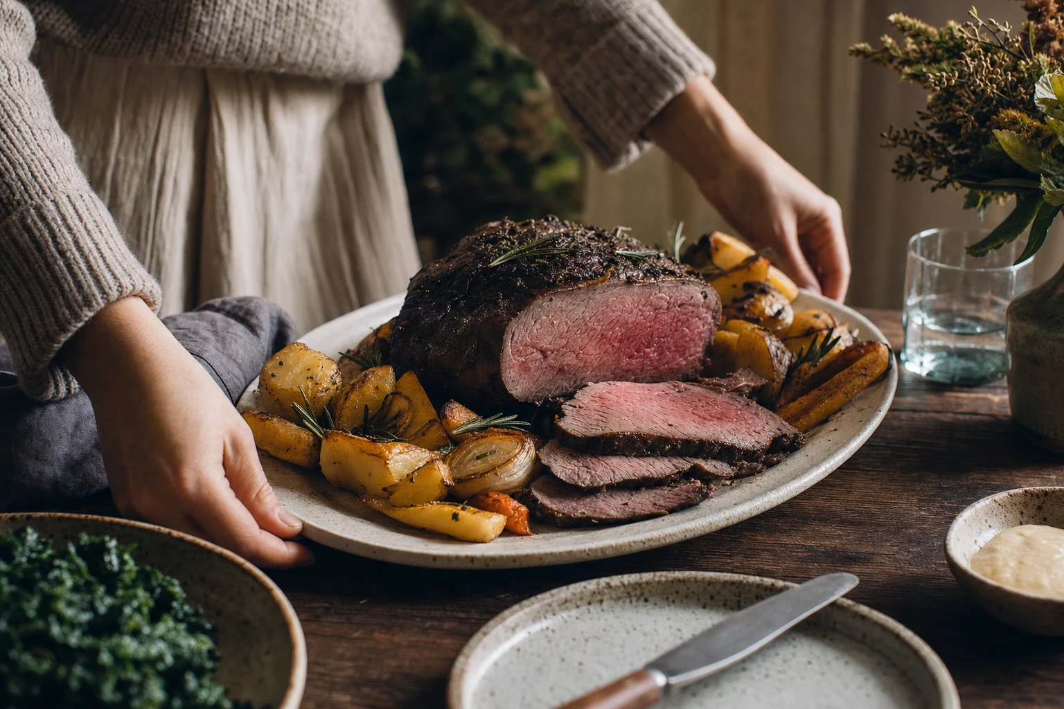 A plate of roasted red meat with roasted vegetables