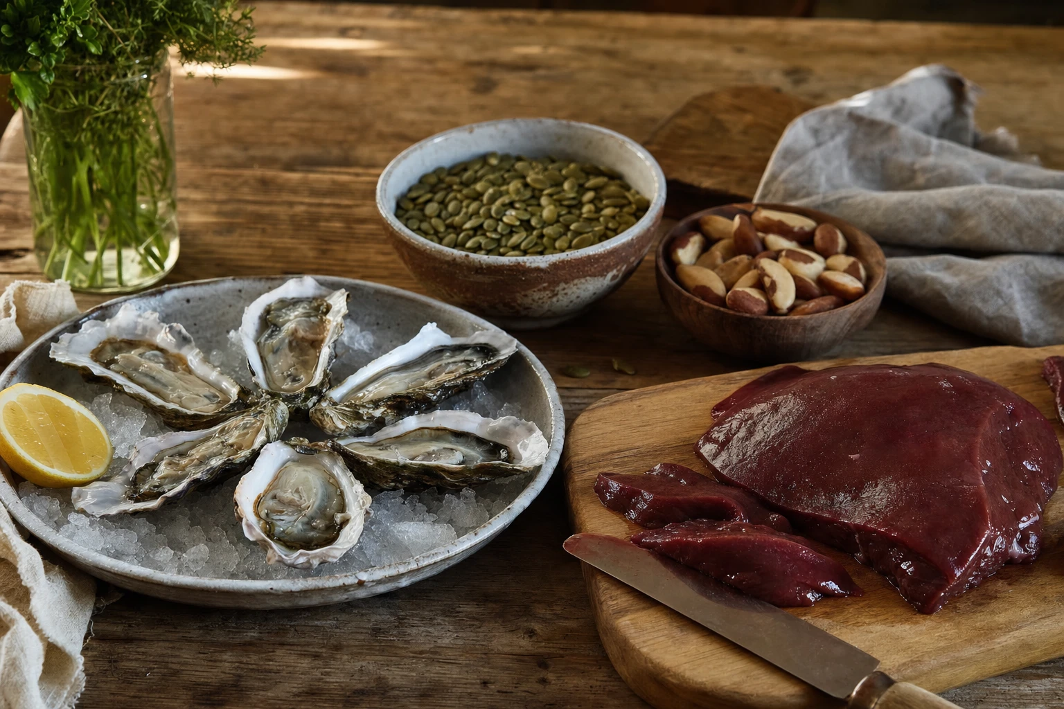 Mineral-rich foods displayed together: oysters, beef liver, pumpkin seeds, brazil nuts