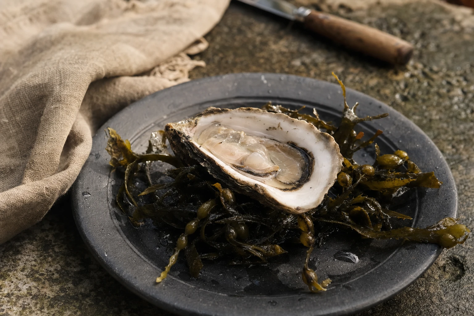 A single oyster on a shell with seaweed