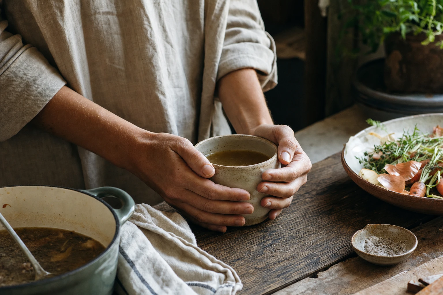 Hands holding a warm mug of bone broth