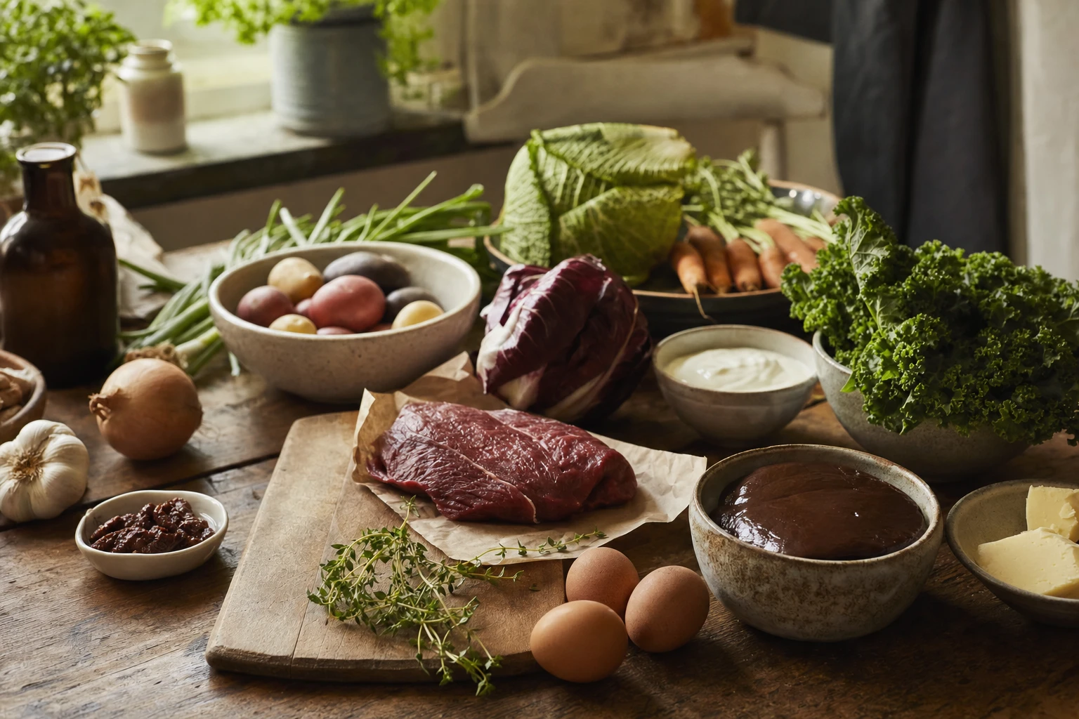 Array of fresh whole foods on a table