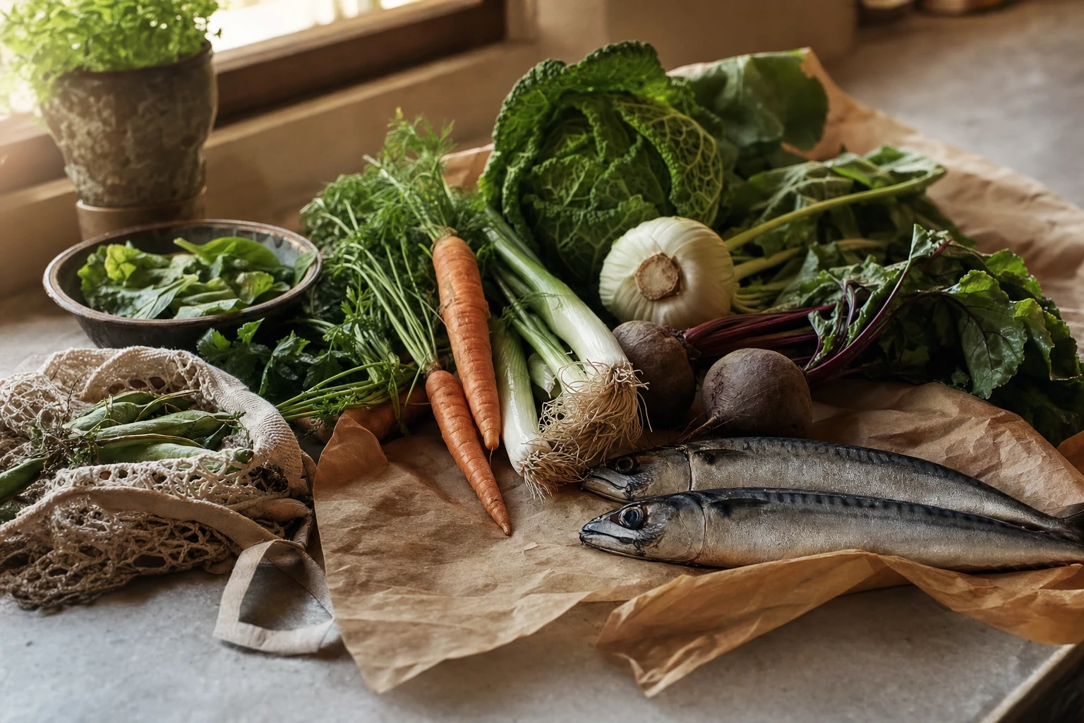 Fresh vegetables and fresh fish on butcher paper