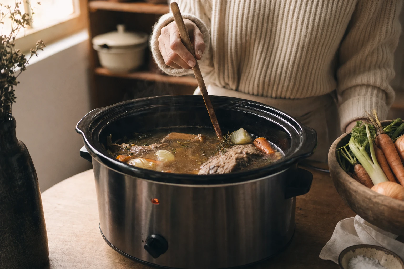 Slow cooker with broth simmering