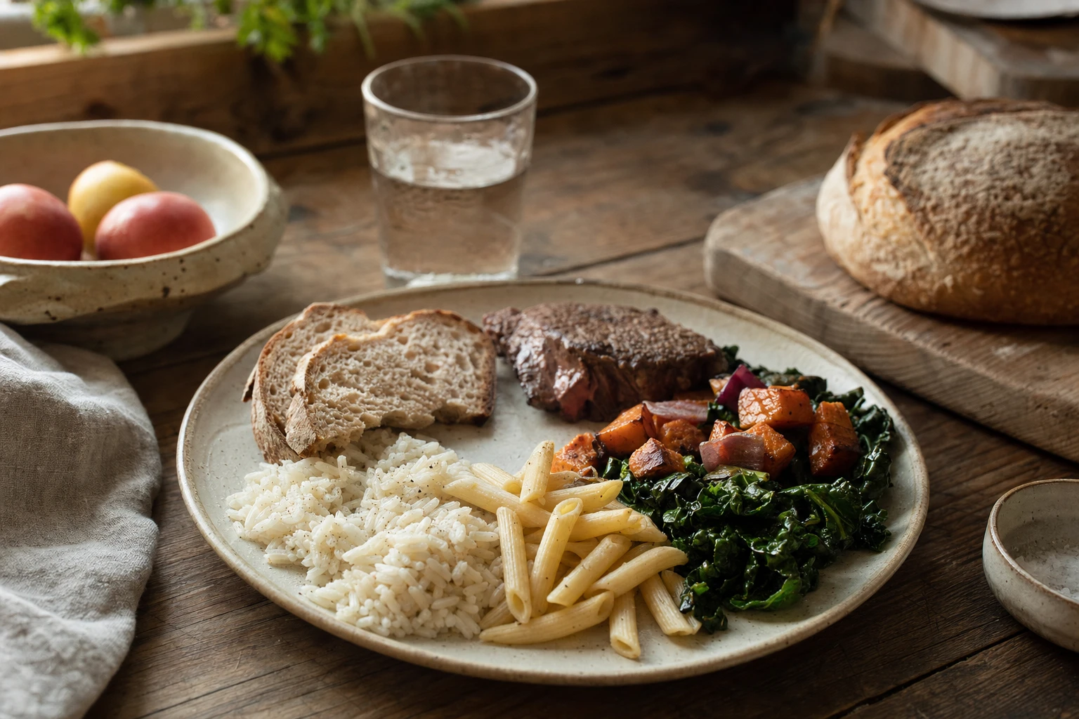 A plate showing refined carbs vs whole foods