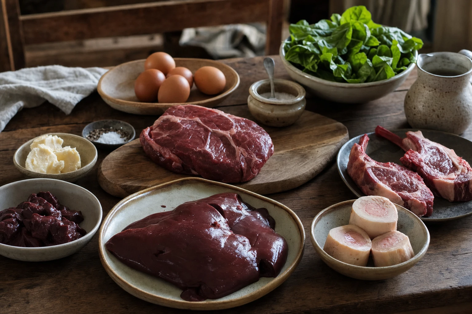Various organ meats and iron-rich whole foods
