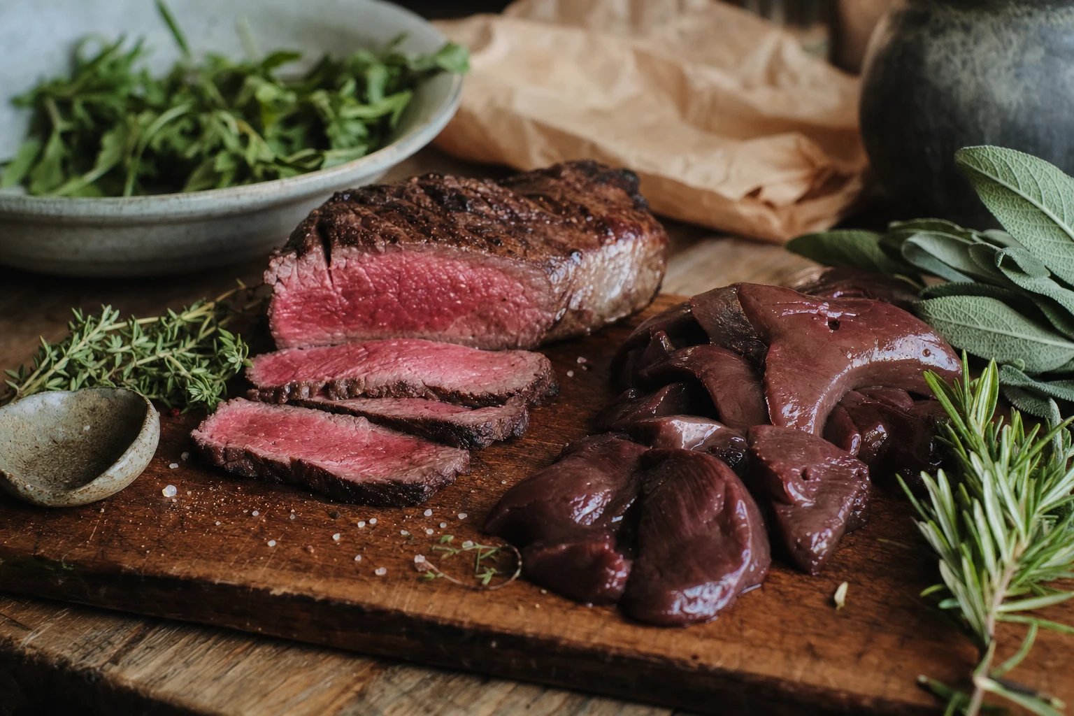 Rare beef, liver slices, and fresh herbs on a wooden surface