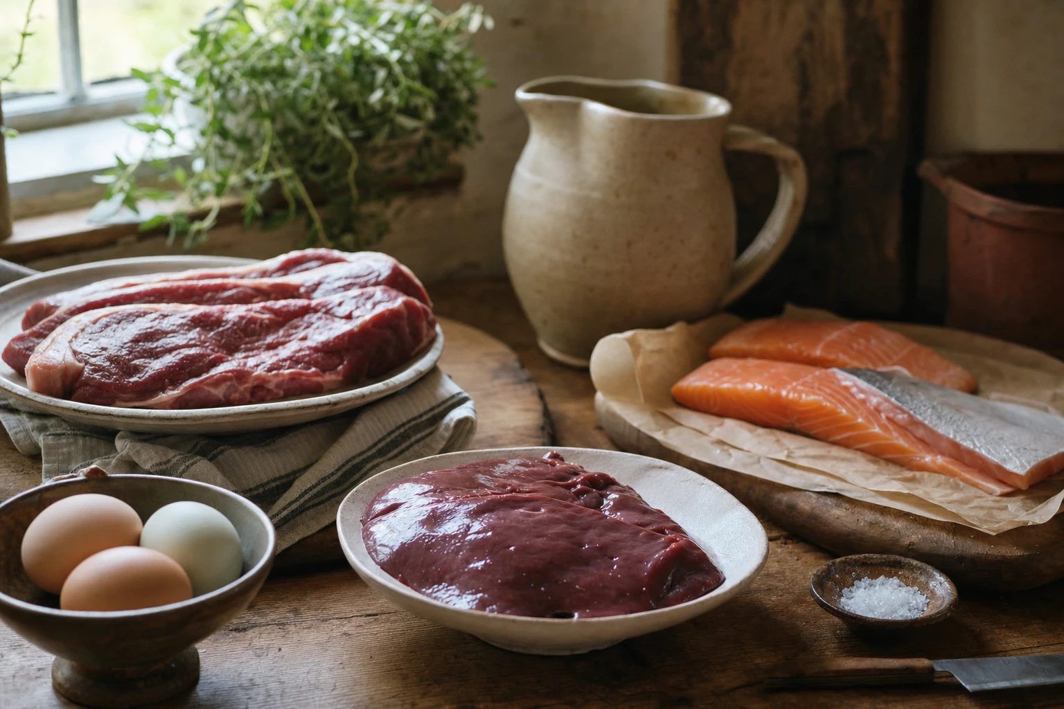Arrangement of nutrient-dense foods: liver, red meat, fish, eggs