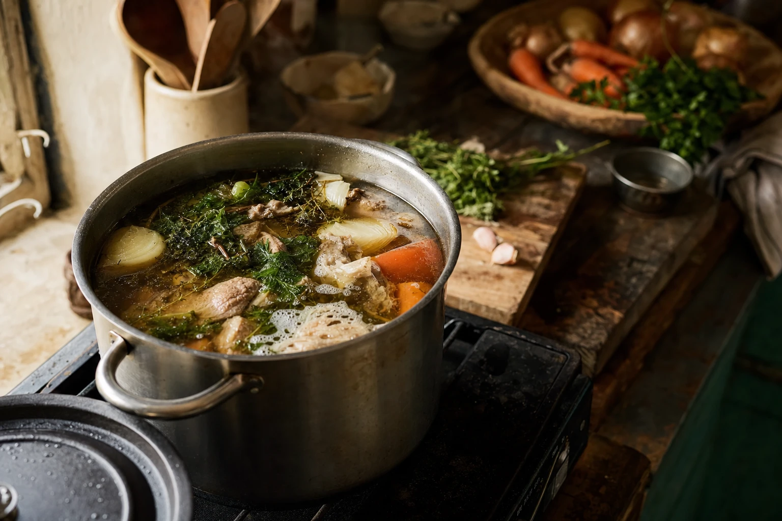Bone broth simmering in a large pot with herbs and vegetables