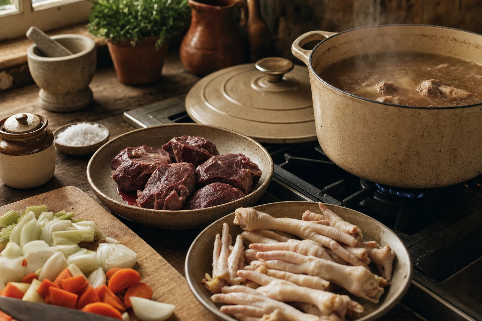 Bone broth simmering, beef cheeks, chicken feet