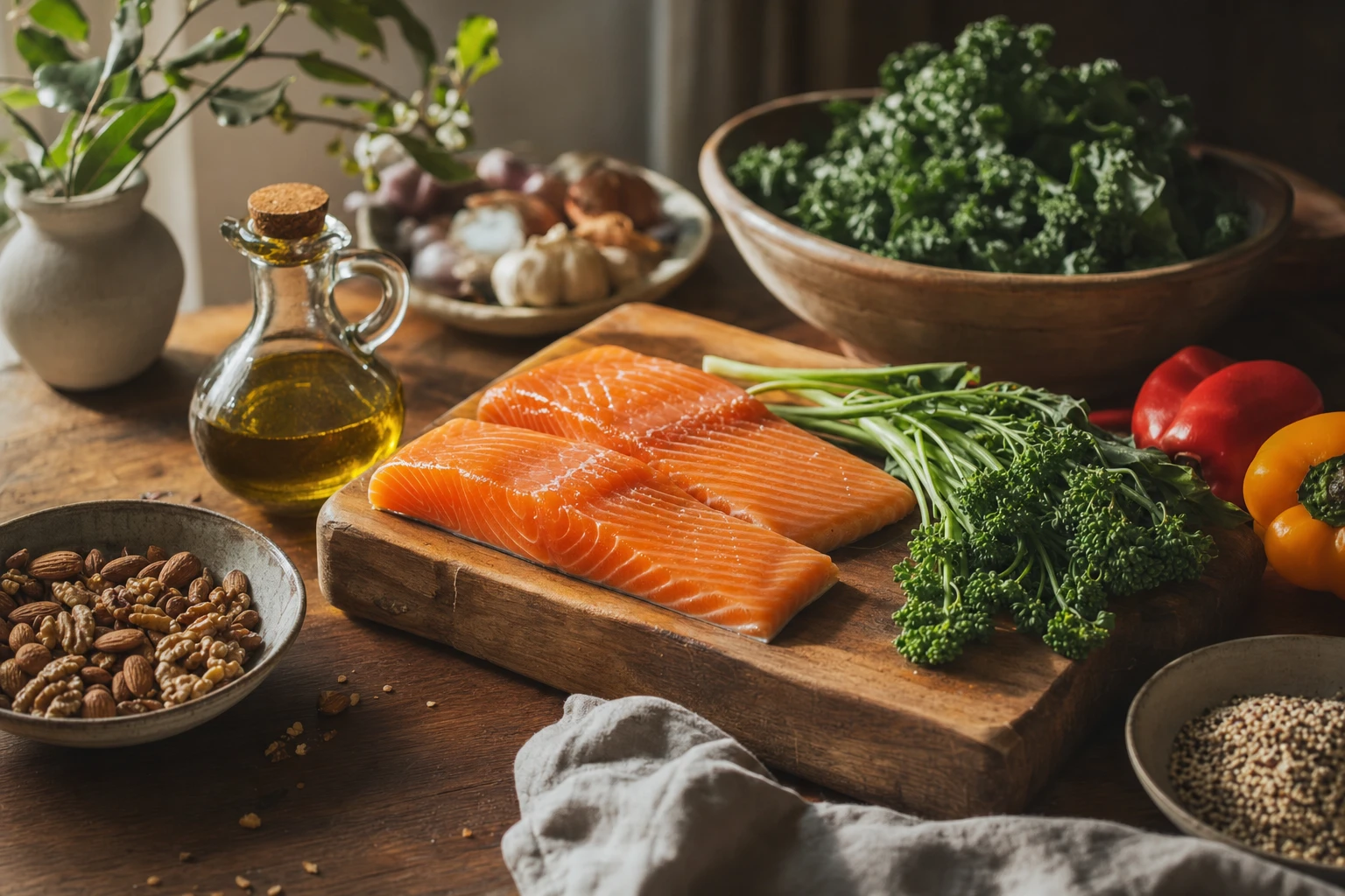 Salmon, olive oil, vegetables, nuts