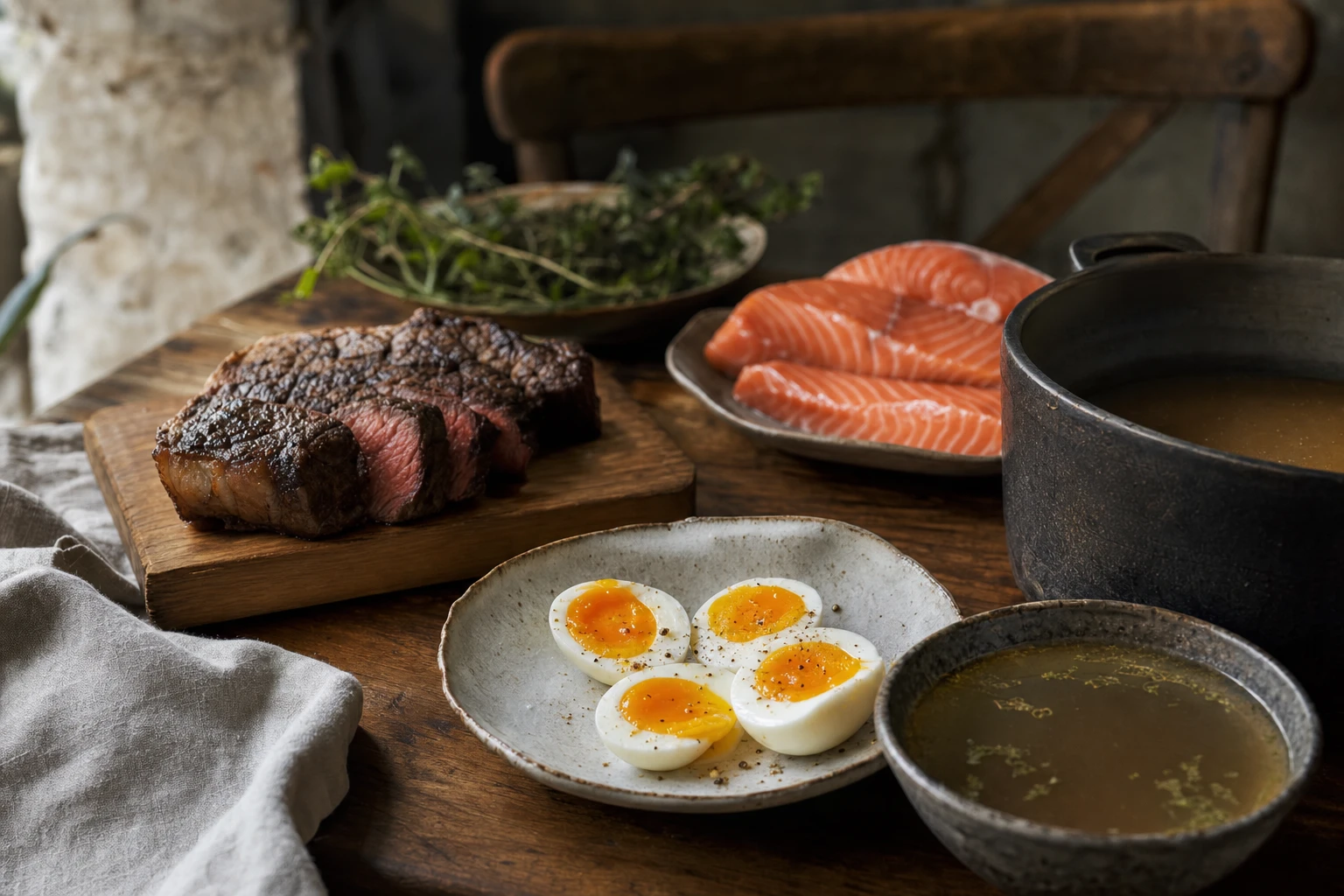 Plate of eggs, beef, fish, and bone broth