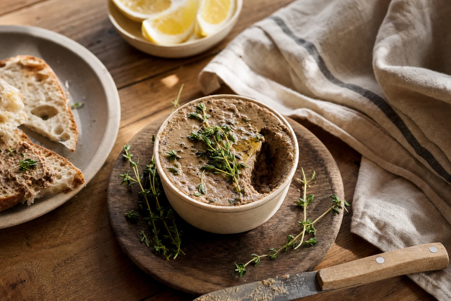 Finished liver pate in a ramekin with fresh thyme and lemon