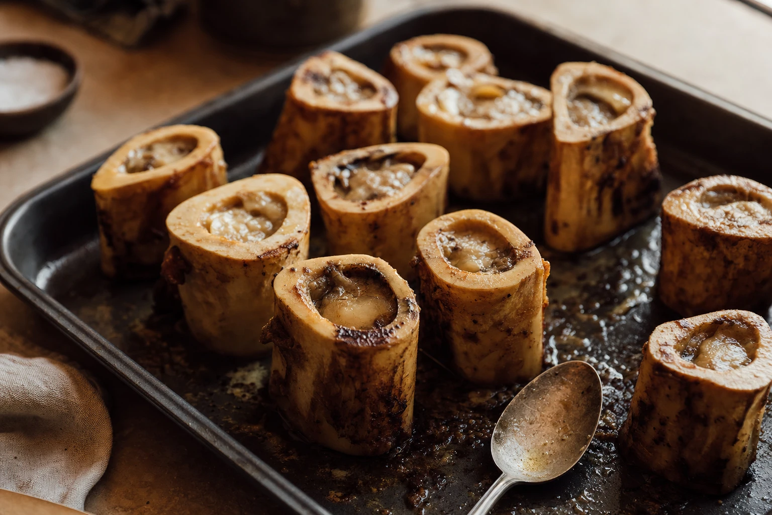 Roasted marrow bones on a baking tray, showing the soft marrow visible in the centre