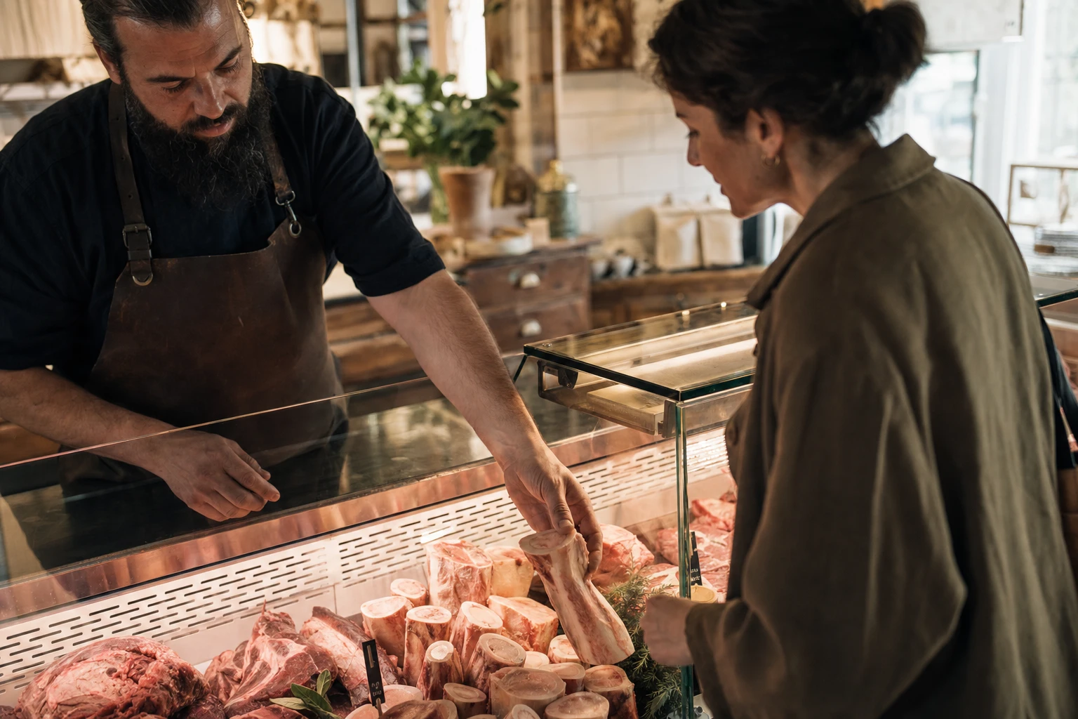 Butcher selecting marrow bones from the display counter