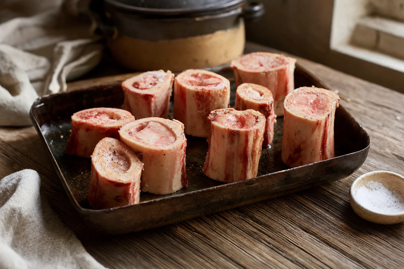 Marrow bones on a baking tray, ready to go into the oven