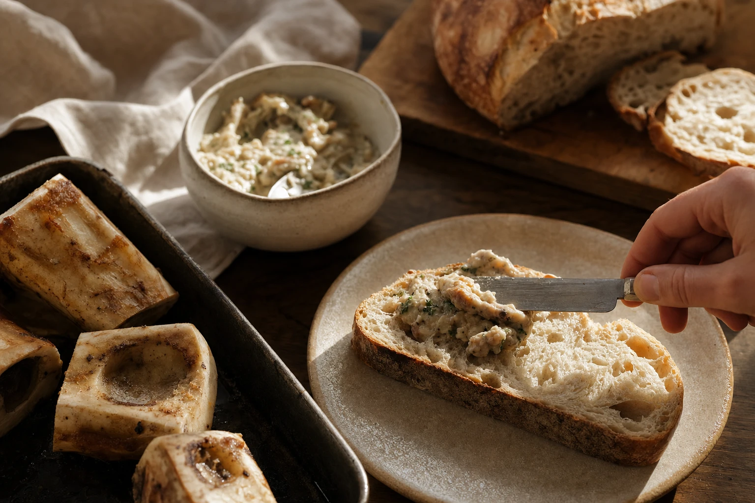 Scoop of bone marrow butter on sourdough bread