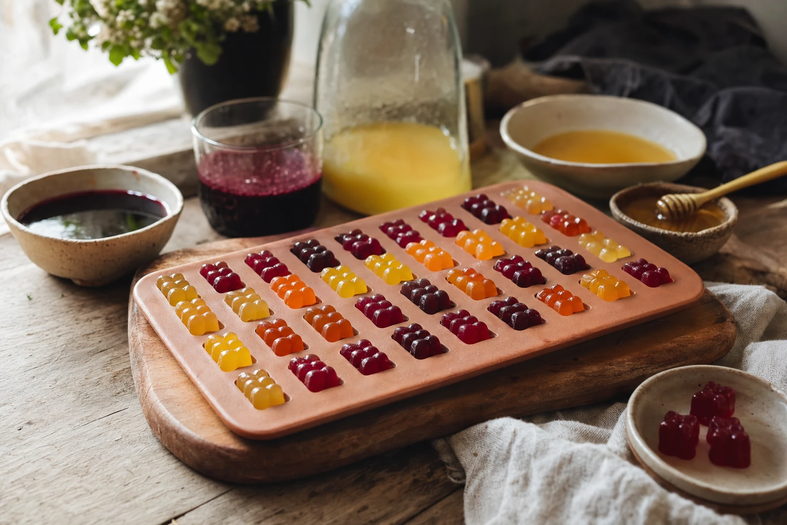 Finished gelatine gummies in a silicone mould, various colours from different juices